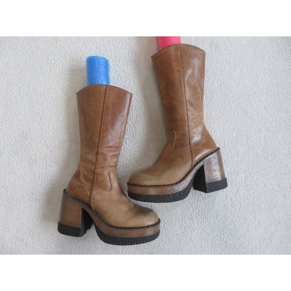 london underground Shoes - vintage london underground tan leather platform chunky heel boots womens size 6